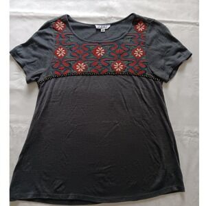 THML Womens Gray Embroidered Yoke Short Sleeve Knit Top TM4382 Size Small
